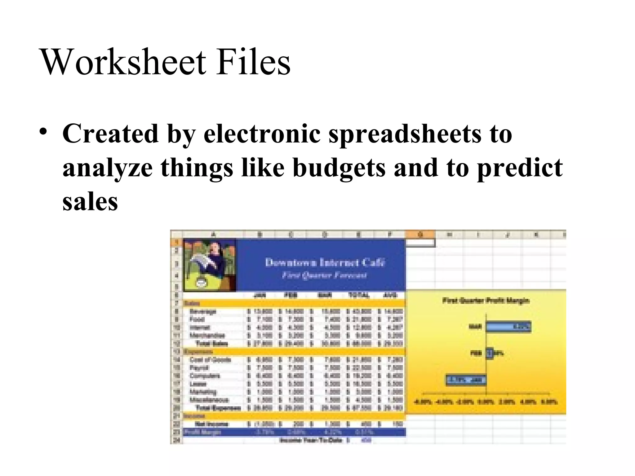 Worksheet Files
• Created by electronic spreadsheets to
analyze things like budgets and to predict
sales
 
