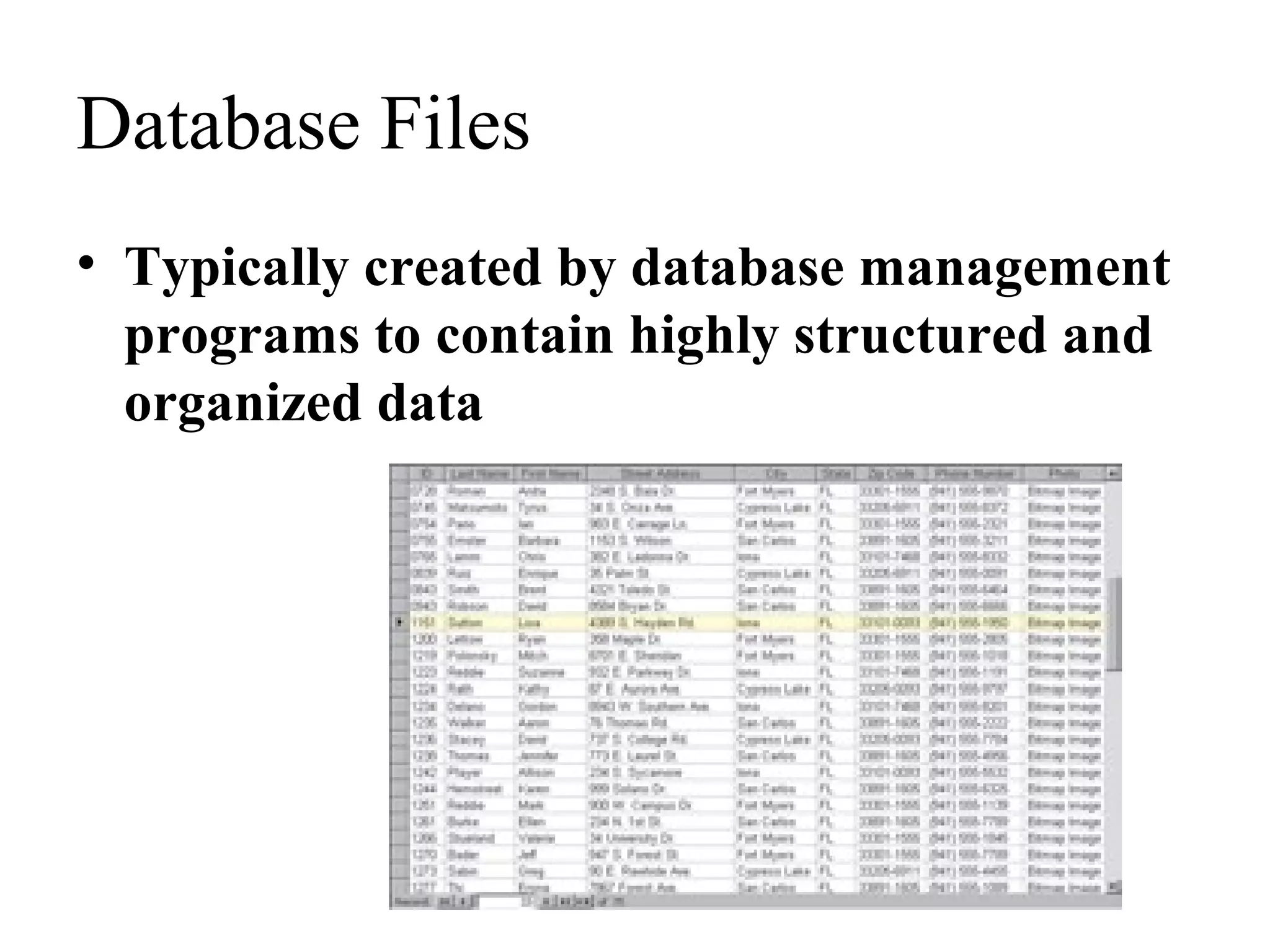 Database Files
• Typically created by database management
programs to contain highly structured and
organized data
 