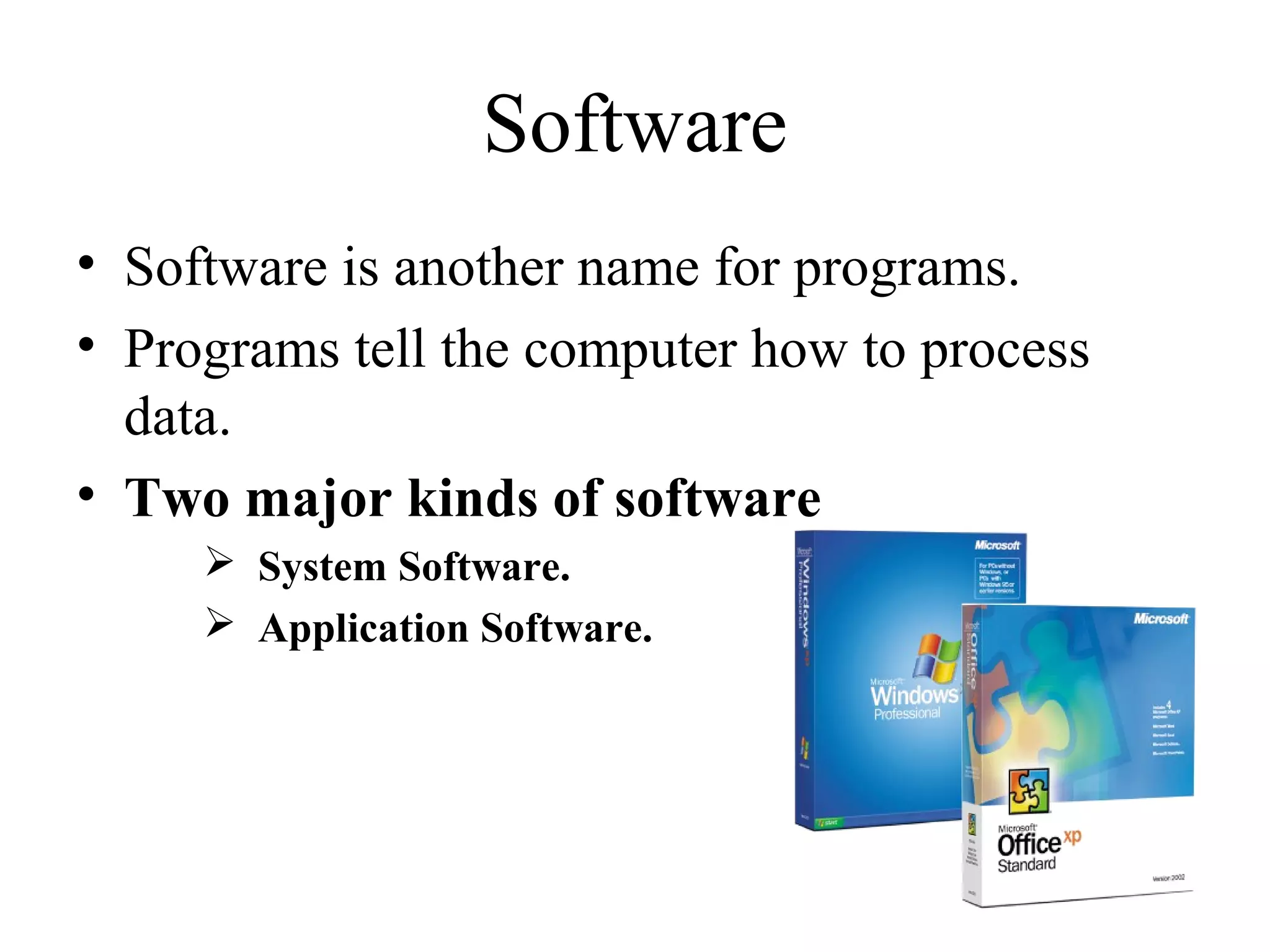 Software
• Software is another name for programs.
• Programs tell the computer how to process
data.
• Two major kinds of software
 System Software.
 Application Software.
 