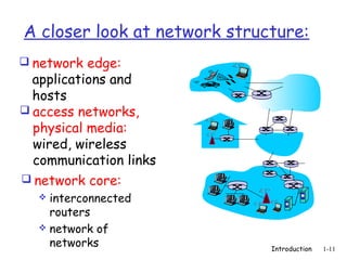 A closer look at network structure:
 network edge:
  applications and
  hosts
 access networks,
  physical media:
  wired, wireless
  communication links
 network core:
    interconnected
     routers
    network of
     networks                 Introduction   1-11
 