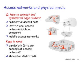 Access networks and physical media
 Q: How to connect end
   systems to edge router?
  residential access nets
  institutional access
   networks (school,
   company)
  mobile access networks

 Keep in mind:
  bandwidth (bits per
   second) of access
   network?
  shared or dedicated?
                                 Introduction   1-13
 