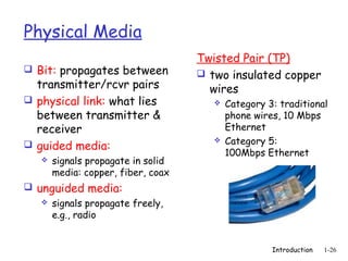 Physical Media
                                    Twisted Pair (TP)
 Bit: propagates between            two insulated copper
  transmitter/rcvr pairs              wires
 physical link: what lies                Category 3: traditional
  between transmitter &                    phone wires, 10 Mbps
  receiver                                 Ethernet
 guided media:
                                          Category 5:
                                           100Mbps Ethernet
      signals propagate in solid
       media: copper, fiber, coax
 unguided media:
    signals propagate freely,
     e.g., radio


                                                     Introduction   1-26
 