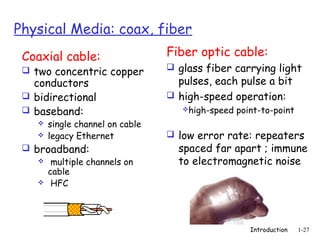 Physical Media: coax, fiber
 Coaxial cable:                   Fiber optic cable:
  two concentric copper           glass fiber carrying light
   conductors                       pulses, each pulse a bit
  bidirectional                   high-speed operation:
  baseband:                         high-speed   point-to-point
       single channel on cable
       legacy Ethernet            low error rate: repeaters
  broadband:                       spaced far apart ; immune
     multiple channels on          to electromagnetic noise
      cable
     HFC




                                                      Introduction   1-27
 