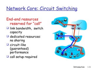 Network Core: Circuit Switching

End-end resources
  reserved for “call”
 link bandwidth, switch
  capacity
 dedicated resources:
  no sharing
 circuit-like
  (guaranteed)
  performance
 call setup required


                             Introduction   1-31
 
