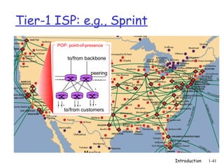 Tier-1 ISP: e.g., Sprint
       POP: point-of-presence


           to/from backbone

                       peering
       …                …
                        .

       …      …       …
          to/from customers




                                 Introduction   1-41
 