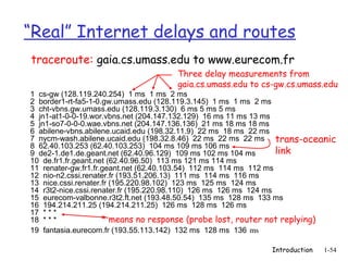 “Real” Internet delays and routes
traceroute: gaia.cs.umass.edu to www.eurecom.fr
                                    Three delay measurements from
                                    gaia.cs.umass.edu to cs-gw.cs.umass.edu
1 cs-gw (128.119.240.254) 1 ms 1 ms 2 ms
2 border1-rt-fa5-1-0.gw.umass.edu (128.119.3.145) 1 ms 1 ms 2 ms
3 cht-vbns.gw.umass.edu (128.119.3.130) 6 ms 5 ms 5 ms
4 jn1-at1-0-0-19.wor.vbns.net (204.147.132.129) 16 ms 11 ms 13 ms
5 jn1-so7-0-0-0.wae.vbns.net (204.147.136.136) 21 ms 18 ms 18 ms
6 abilene-vbns.abilene.ucaid.edu (198.32.11.9) 22 ms 18 ms 22 ms
7 nycm-wash.abilene.ucaid.edu (198.32.8.46) 22 ms 22 ms 22 ms trans-oceanic
8 62.40.103.253 (62.40.103.253) 104 ms 109 ms 106 ms
9 de2-1.de1.de.geant.net (62.40.96.129) 109 ms 102 ms 104 ms       link
10 de.fr1.fr.geant.net (62.40.96.50) 113 ms 121 ms 114 ms
11 renater-gw.fr1.fr.geant.net (62.40.103.54) 112 ms 114 ms 112 ms
12 nio-n2.cssi.renater.fr (193.51.206.13) 111 ms 114 ms 116 ms
13 nice.cssi.renater.fr (195.220.98.102) 123 ms 125 ms 124 ms
14 r3t2-nice.cssi.renater.fr (195.220.98.110) 126 ms 126 ms 124 ms
15 eurecom-valbonne.r3t2.ft.net (193.48.50.54) 135 ms 128 ms 133 ms
16 194.214.211.25 (194.214.211.25) 126 ms 128 ms 126 ms
17 * * *
18 * * *             * means no response (probe lost, router not replying)
19 fantasia.eurecom.fr (193.55.113.142) 132 ms 128 ms 136 ms

                                                           Introduction   1-54
 