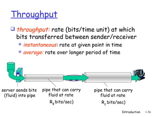 Throughput
     throughput: rate (bits/time unit) at which
      bits transferred between sender/receiver
        instantaneous: rate at given point in time
        average: rate over longer period of time




                     link capacity
server sends bits pipe that can carry
     server, with                        link capacity
                                        pipe that can carry
 (fluid) of F bits
    file into pipe    fluid at rate
                       Rs bits/sec         Rfluid at rate
                                            c bits/sec
  to send to client    Rs bits/sec)        Rc bits/sec)

                                                     Introduction   1-56
 