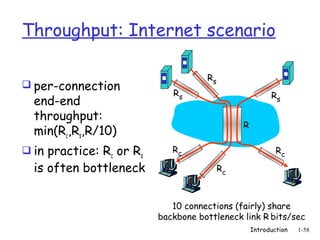 Throughput: Internet scenario

                                     Rs
 per-connection
                             Rs                          Rs
  end-end
  throughput:
                                               R
  min(Rc,Rs,R/10)
 in practice: Rc or Rs      Rc                            Rc

  is often bottleneck                     Rc



                             10 connections (fairly) share
                          backbone bottleneck link R bits/sec
                                                   Introduction   1-58
 