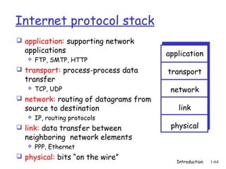 Internet protocol stack
 application: supporting network
  applications                         application
      FTP, SMTP, HTTP
 transport: process-process data      transport
  transfer
      TCP, UDP                         network
 network: routing of datagrams from
  source to destination                   link
      IP, routing protocols
 link: data transfer between           physical
  neighboring network elements
      PPP, Ethernet
 physical: bits “on the wire”
                                          Introduction   1-64
 