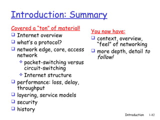 Introduction: Summary
Covered a “ton” of material!
                               You now have:
 Internet overview
                                context, overview,
 what’s a protocol?
                                 “feel” of networking
 network edge, core, access    more depth, detail to
  network                        follow!
    packet-switching versus
     circuit-switching
    Internet structure
 performance: loss, delay,
  throughput
 layering, service models
 security
 history
                                            Introduction   1-82
 