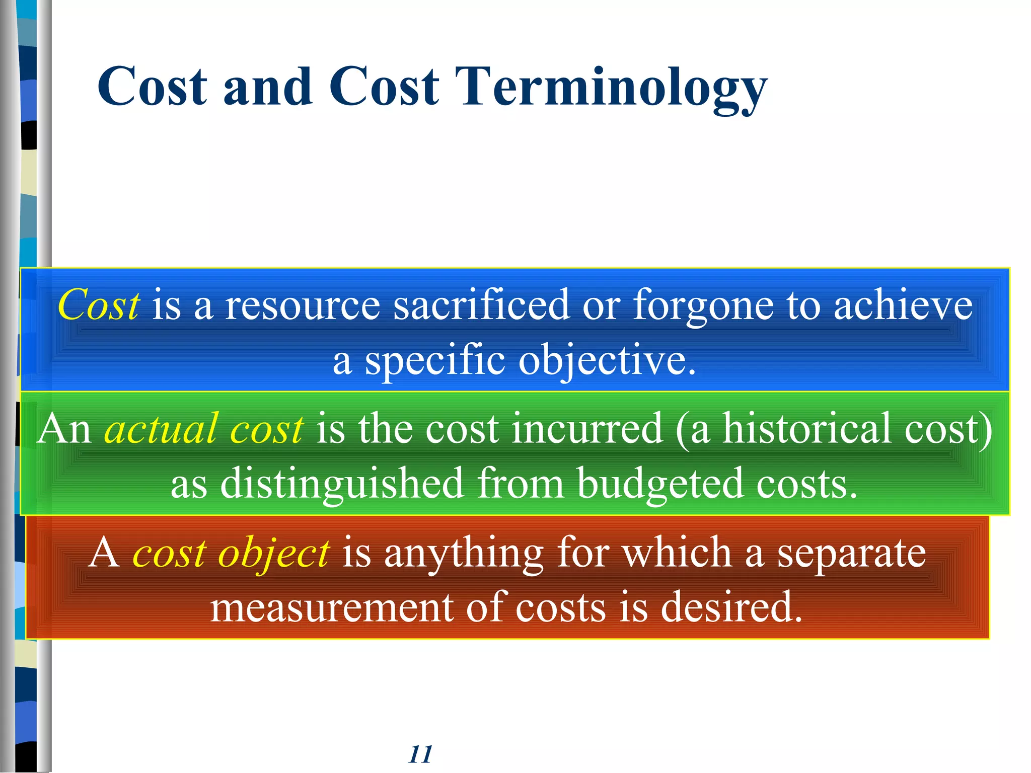 11
Cost and Cost Terminology
Cost is a resource sacrificed or forgone to achieve
a specific objective.
An actual cost is the cost incurred (a historical cost)
as distinguished from budgeted costs.
A cost object is anything for which a separate
measurement of costs is desired.
 