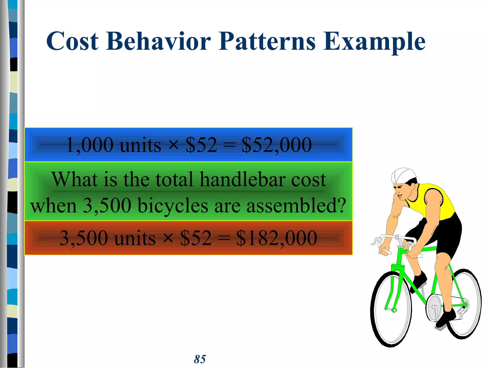 85
Cost Behavior Patterns Example
1,000 units × $52 = $52,000
What is the total handlebar cost
when 3,500 bicycles are assembled?
3,500 units × $52 = $182,000
 