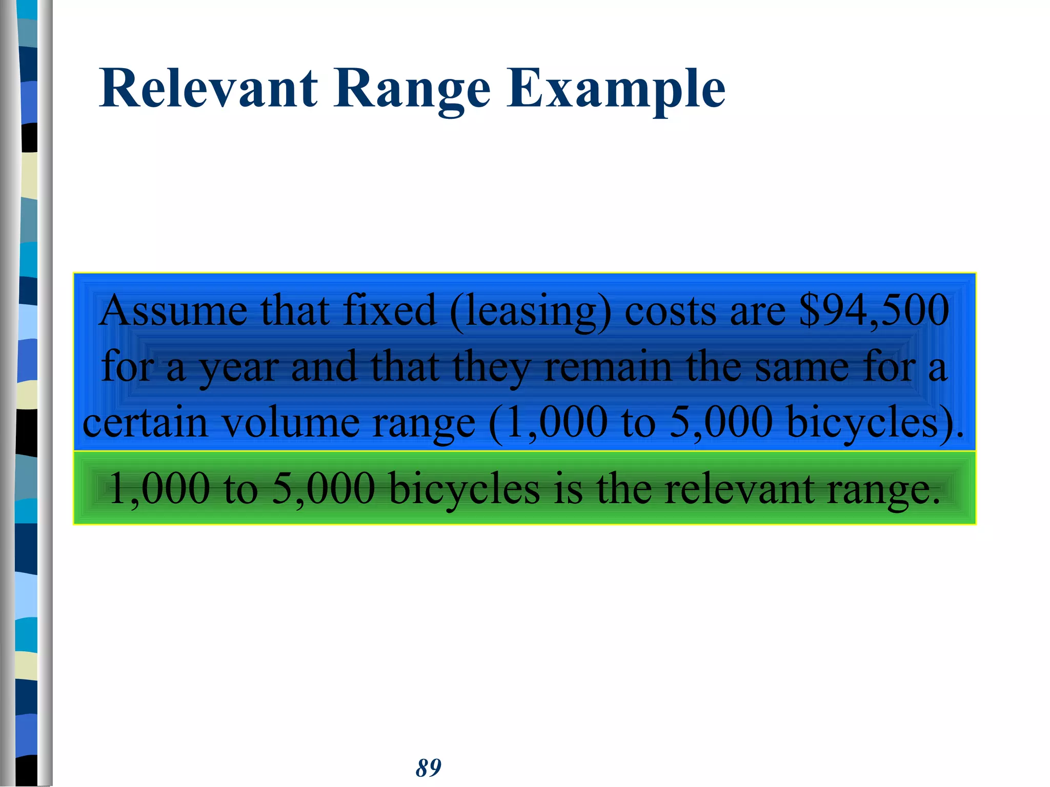 89
Relevant Range Example
Assume that fixed (leasing) costs are $94,500
for a year and that they remain the same for a
certain volume range (1,000 to 5,000 bicycles).
1,000 to 5,000 bicycles is the relevant range.
 