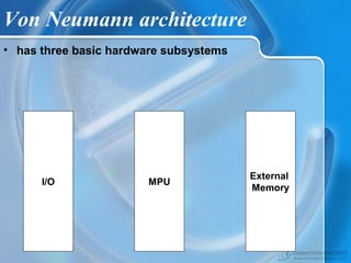 Von Neumann architecture
External
Memory
MPUI/O
• has three basic hardware subsystems
 
