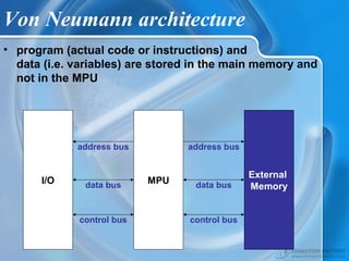 control bus
data bus
address busaddress bus
data bus
control bus
Von Neumann architecture
External
Memory
MPUI/O
• program (actual code or instructions) and
data (i.e. variables) are stored in the main memory and
not in the MPU
 