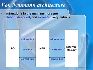control bus
data bus
address busaddress bus
data bus
control bus
Von Neumann architecture
External
Memory
MPUI/O
• instructions in the main memory are
fetched, decoded, and executed sequentially
 