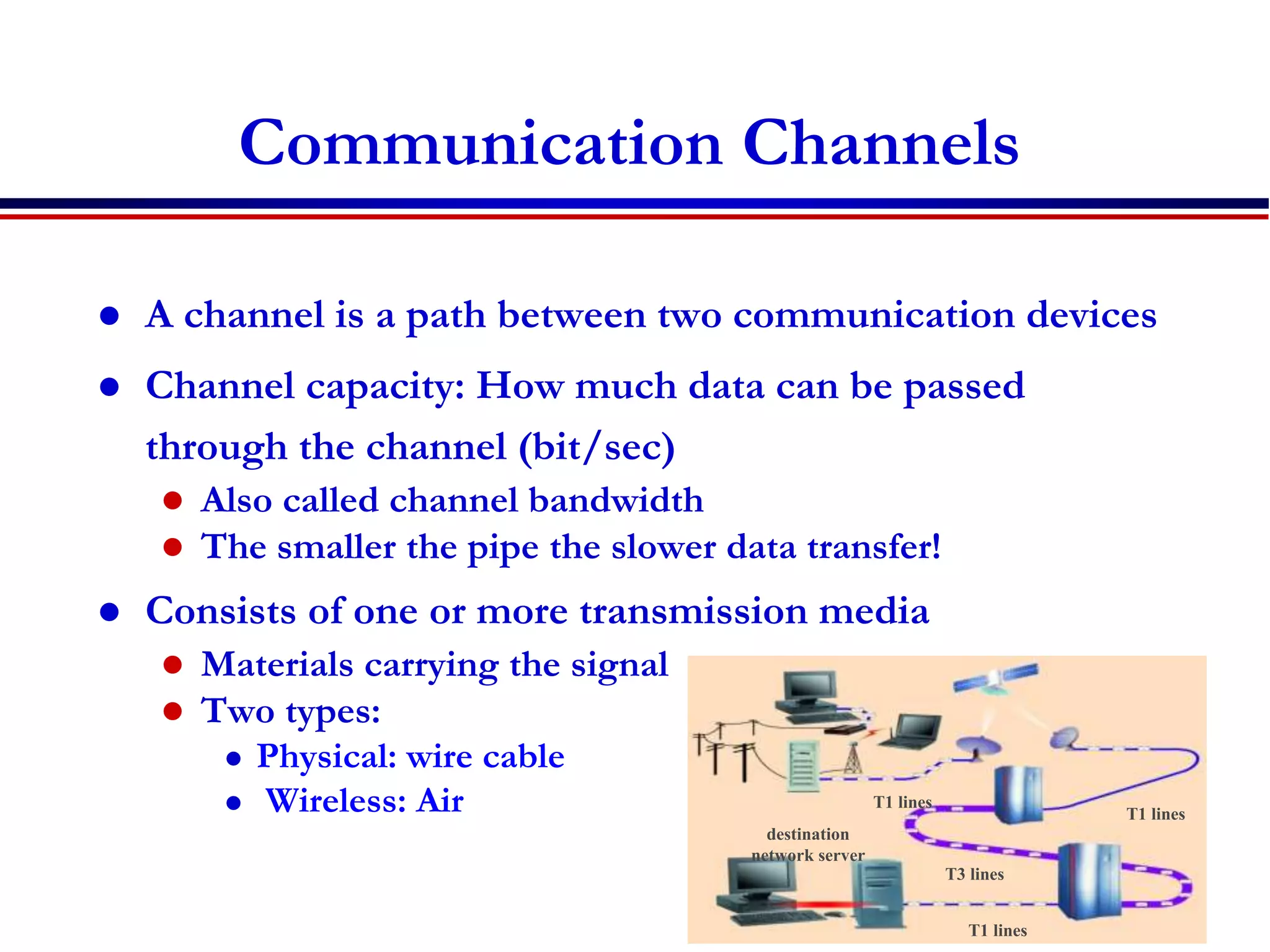 Communication Channels
 A channel is a path between two communication devices
 Channel capacity: How much data can be passed
through the channel (bit/sec)
 Also called channel bandwidth
 The smaller the pipe the slower data transfer!
 Consists of one or more transmission media
 Materials carrying the signal
 Two types:
 Physical: wire cable
 Wireless: Air
destination
network server
T1 lines
T1 lines
T1 lines
T3 lines
 