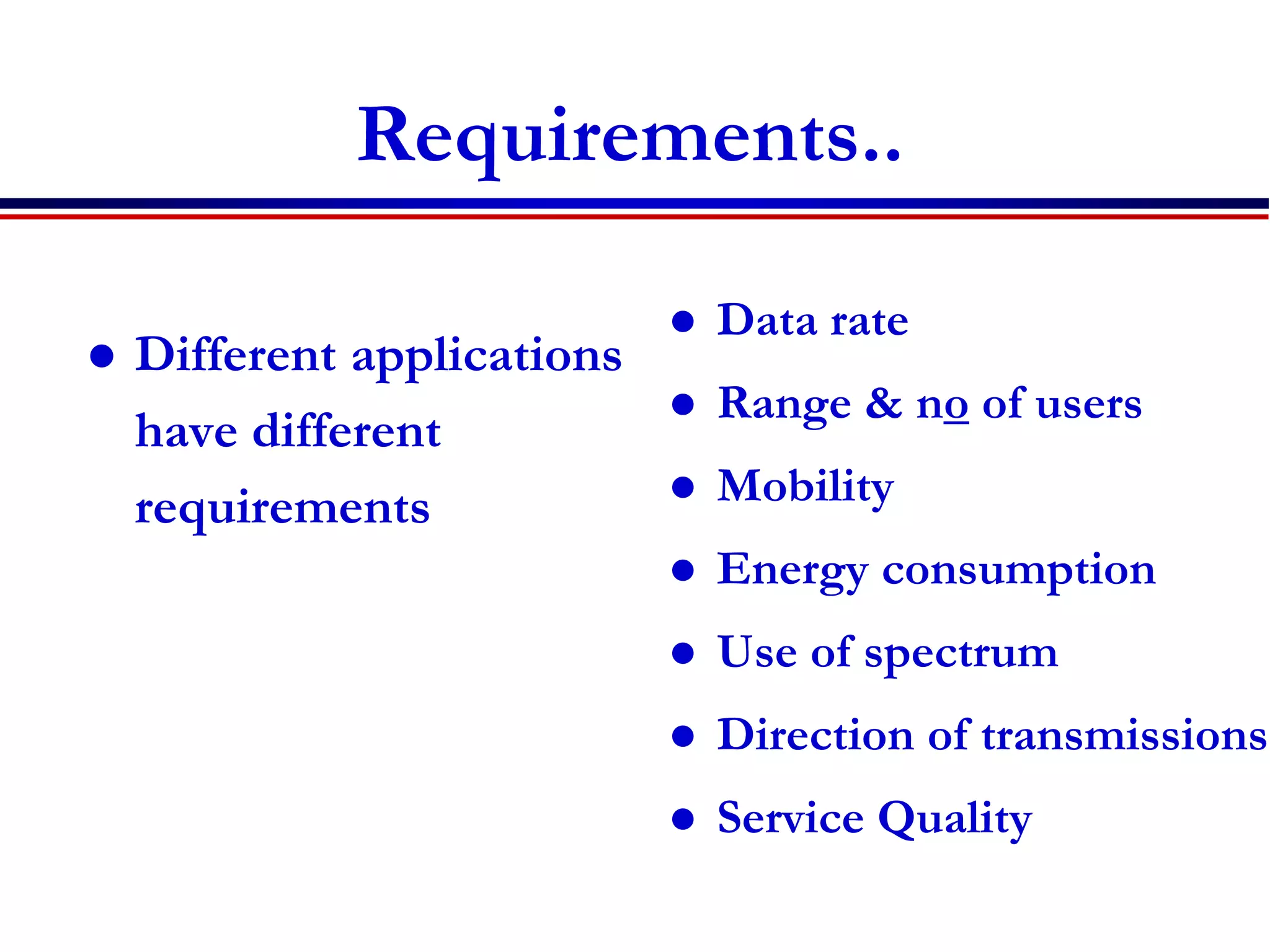 Requirements..
 Different applications
have different
requirements
 Data rate
 Range & no of users
 Mobility
 Energy consumption
 Use of spectrum
 Direction of transmissions
 Service Quality
 