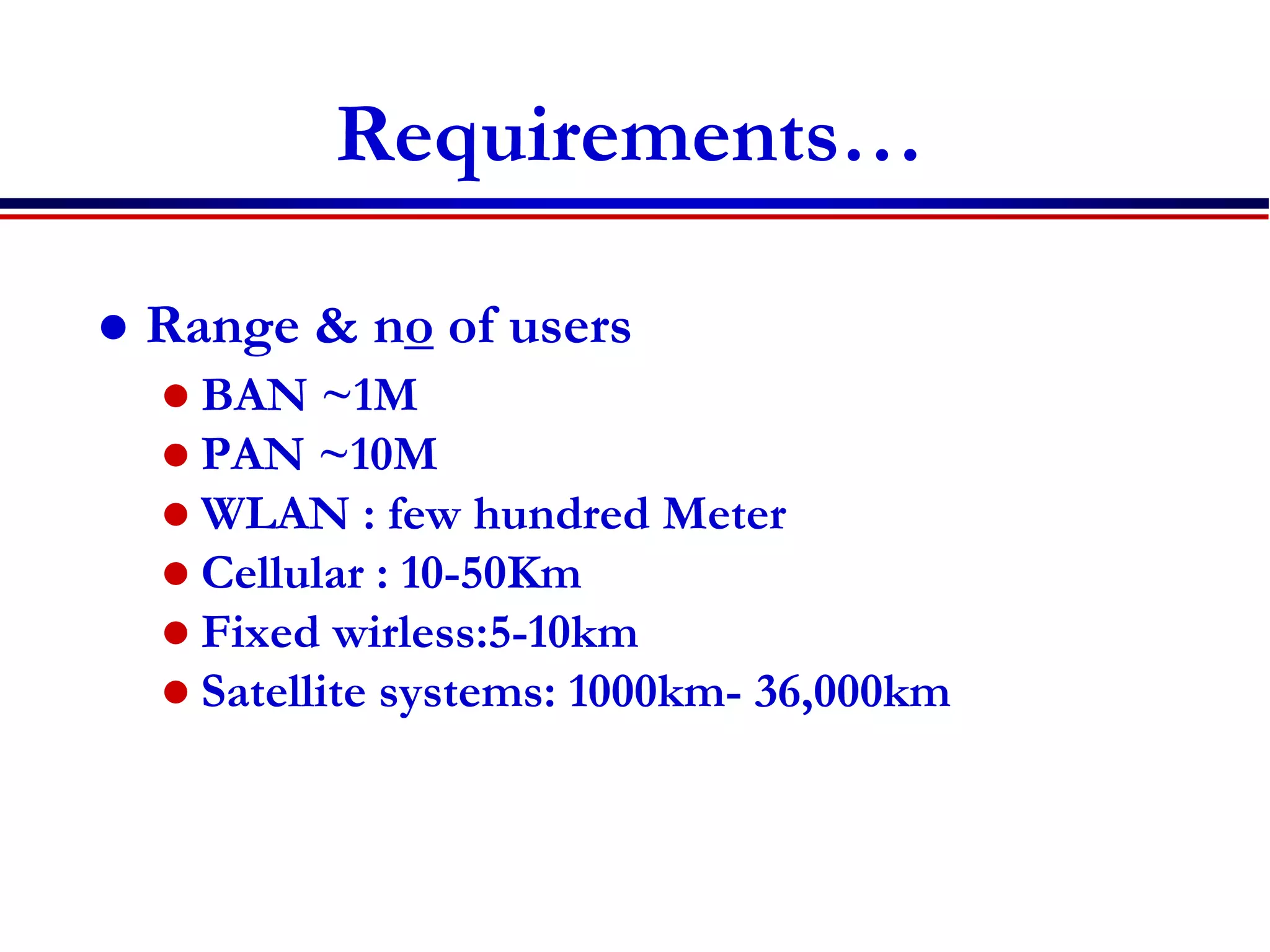 Requirements…
 Range & no of users
 BAN ~1M
 PAN ~10M
 WLAN : few hundred Meter
 Cellular : 10-50Km
 Fixed wirless:5-10km
 Satellite systems: 1000km- 36,000km
 