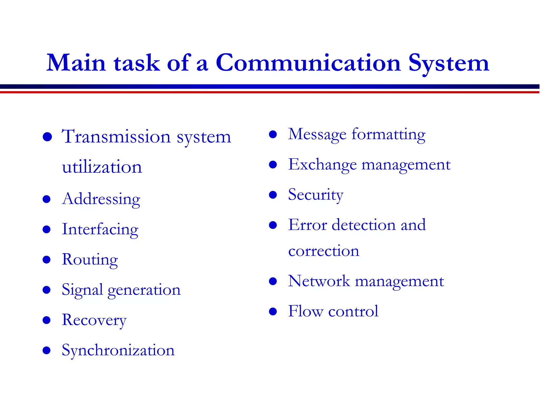 Main task of a Communication System
 Transmission system
utilization
 Addressing
 Interfacing
 Routing
 Signal generation
 Recovery
 Synchronization
 Message formatting
 Exchange management
 Security
 Error detection and
correction
 Network management
 Flow control
 