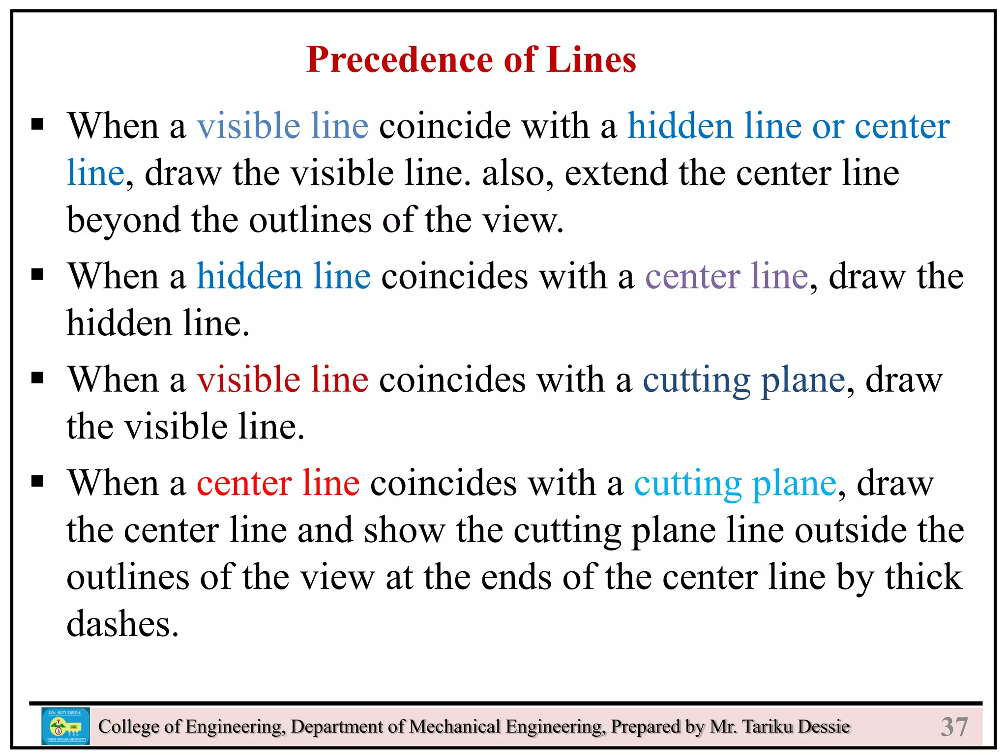 24
College of Engineering, Department of Mechanical Engineering, Prepared by Mr. Tariku Dessie
Precedence of Lines
 When a visible line coincide with a hidden line or center
line, draw the visible line. also, extend the center line
beyond the outlines of the view.
 When a hidden line coincides with a center line, draw the
hidden line.
 When a visible line coincides with a cutting plane, draw
the visible line.
 When a center line coincides with a cutting plane, draw
the center line and show the cutting plane line outside the
outlines of the view at the ends of the center line by thick
dashes.
37
 