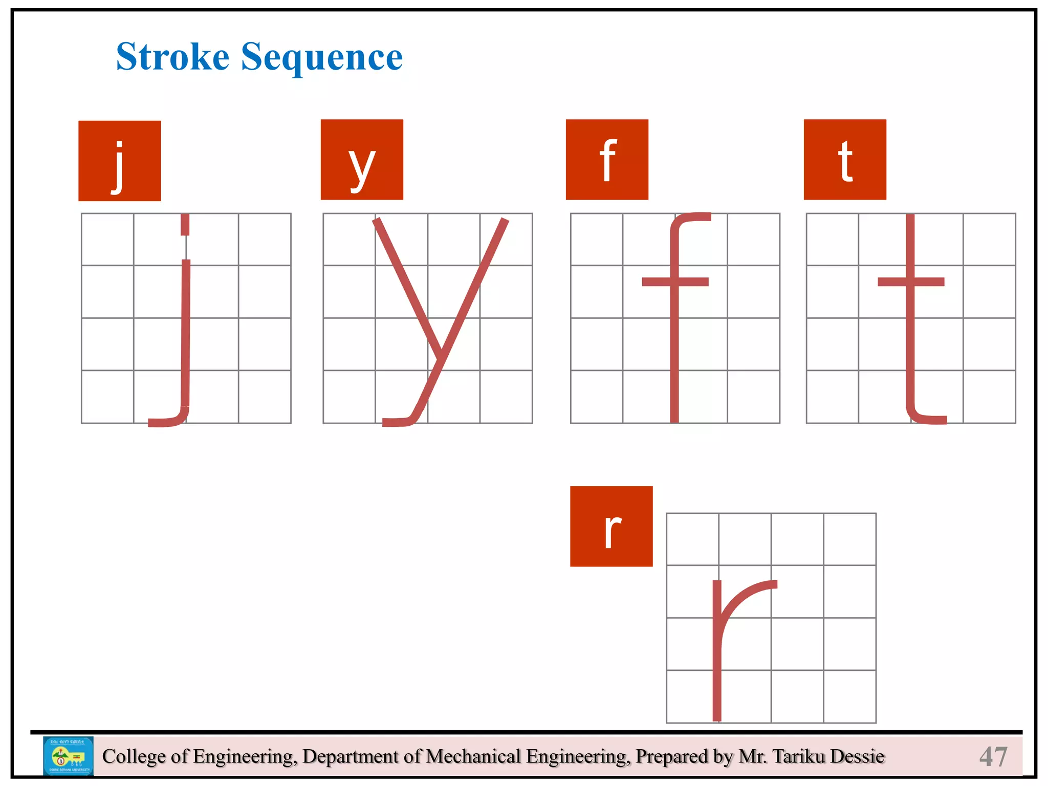 24
College of Engineering, Department of Mechanical Engineering, Prepared by Mr. Tariku Dessie
Stroke Sequence
j y f t
r
47
 