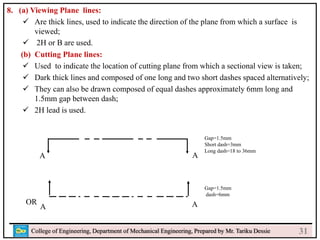8. (a) Viewing Plane lines:
 Are thick lines, used to indicate the direction of the plane from which a surface is
viewed;
 2H or B are used.
(b) Cutting Plane lines:
 Used to indicate the location of cutting plane from which a sectional view is taken;
 Dark thick lines and composed of one long and two short dashes spaced alternatively;
 They can also be drawn composed of equal dashes approximately 6mm long and
1.5mm gap between dash;
 2H lead is used.
College of Engineering, Department of Mechanical Engineering, Prepared by Mr. Tariku Dessie
Gap=1.5mm
Short dash=3mm
Long dash=18 to 36mm
Gap=1.5mm
dash=6mm
A
A
A
A
OR
31
 