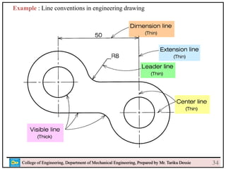24
College of Engineering, Department of Mechanical Engineering, Prepared by Mr. Tariku Dessie
Example : Line conventions in engineering drawing
34
 