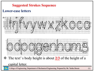 24
College of Engineering, Department of Mechanical Engineering, Prepared by Mr. Tariku Dessie
 The text’ s body height is about 2/3 of the height of a
capital letter.
Suggested Strokes Sequence
Lower-case letters
46
 