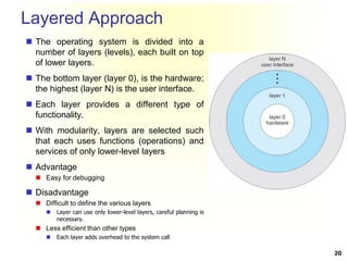 Layered Approach
 The operating system is divided into a
number of layers (levels), each built on top
of lower layers.
 The bottom layer (layer 0), is the hardware;
the highest (layer N) is the user interface.
 Each layer provides a different type of
functionality.
 With modularity, layers are selected such
that each uses functions (operations) and
services of only lower-level layers
 Advantage
 Easy for debugging
 Disadvantage
 Difficult to define the various layers
 Layer can use only lower-level layers, careful planning is
necessary.
 Less efficient than other types
 Each layer adds overhead to the system call
20
 