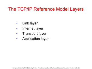 The TCP/IP Reference Model Layers
• Link layer
• Internet layer
• Transport layer
• Application layer
Computer Networks, Fifth Edition by Andrew Tanenbaum and David Wetherall, © Pearson Education-Prentice Hall, 2011
 