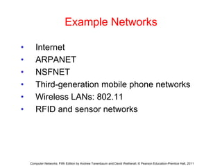 Example Networks
• Internet
• ARPANET
• NSFNET
• Third-generation mobile phone networks
• Wireless LANs: 802.11
• RFID and sensor networks
Computer Networks, Fifth Edition by Andrew Tanenbaum and David Wetherall, © Pearson Education-Prentice Hall, 2011
 