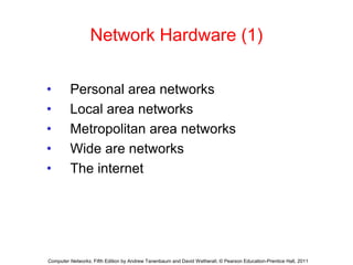 Network Hardware (1)
• Personal area networks
• Local area networks
• Metropolitan area networks
• Wide are networks
• The internet
Computer Networks, Fifth Edition by Andrew Tanenbaum and David Wetherall, © Pearson Education-Prentice Hall, 2011
 