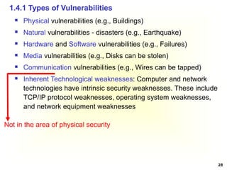28
 Physical vulnerabilities (e.g., Buildings)
 Natural vulnerabilities - disasters (e.g., Earthquake)
 Hardware and Software vulnerabilities (e.g., Failures)
 Media vulnerabilities (e.g., Disks can be stolen)
 Communication vulnerabilities (e.g., Wires can be tapped)
 Inherent Technological weaknesses: Computer and network
technologies have intrinsic security weaknesses. These include
TCP/IP protocol weaknesses, operating system weaknesses,
and network equipment weaknesses
1.4.1 Types of Vulnerabilities
Not in the area of physical security
 