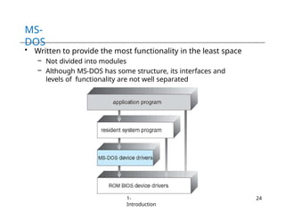 MS-
DOS
• Written to provide the most functionality in the least space
– Not divided into modules
– Although MS-DOS has some structure, its interfaces and
levels of functionality are not well separated
1-
Introduction
24
 