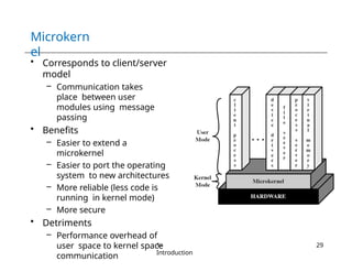 Microkern
el
• Corresponds to client/server
model
– Communication takes
place between user
modules using message
passing
• Benefits
– Easier to extend a
microkernel
– Easier to port the operating
system to new architectures
– More reliable (less code is
running in kernel mode)
– More secure
• Detriments
– Performance overhead of
user space to kernel space
communication
1-
Introduction
29
 