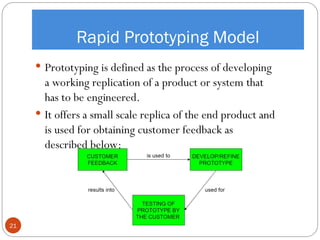 Rapid Prototyping Model
 Prototyping is defined as the process of developing
a working replication of a product or system that
has to be engineered.
 It offers a small scale replica of the end product and
is used for obtaining customer feedback as
described below:
21
 