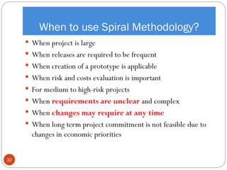 When to use Spiral Methodology?
 When project is large
 When releases are required to be frequent
 When creation of a prototype is applicable
 When risk and costs evaluation is important
 For medium to high-risk projects
 When requirements are unclear and complex
 When changes may require at any time
 When long term project commitment is not feasible due to
changes in economic priorities
32
 