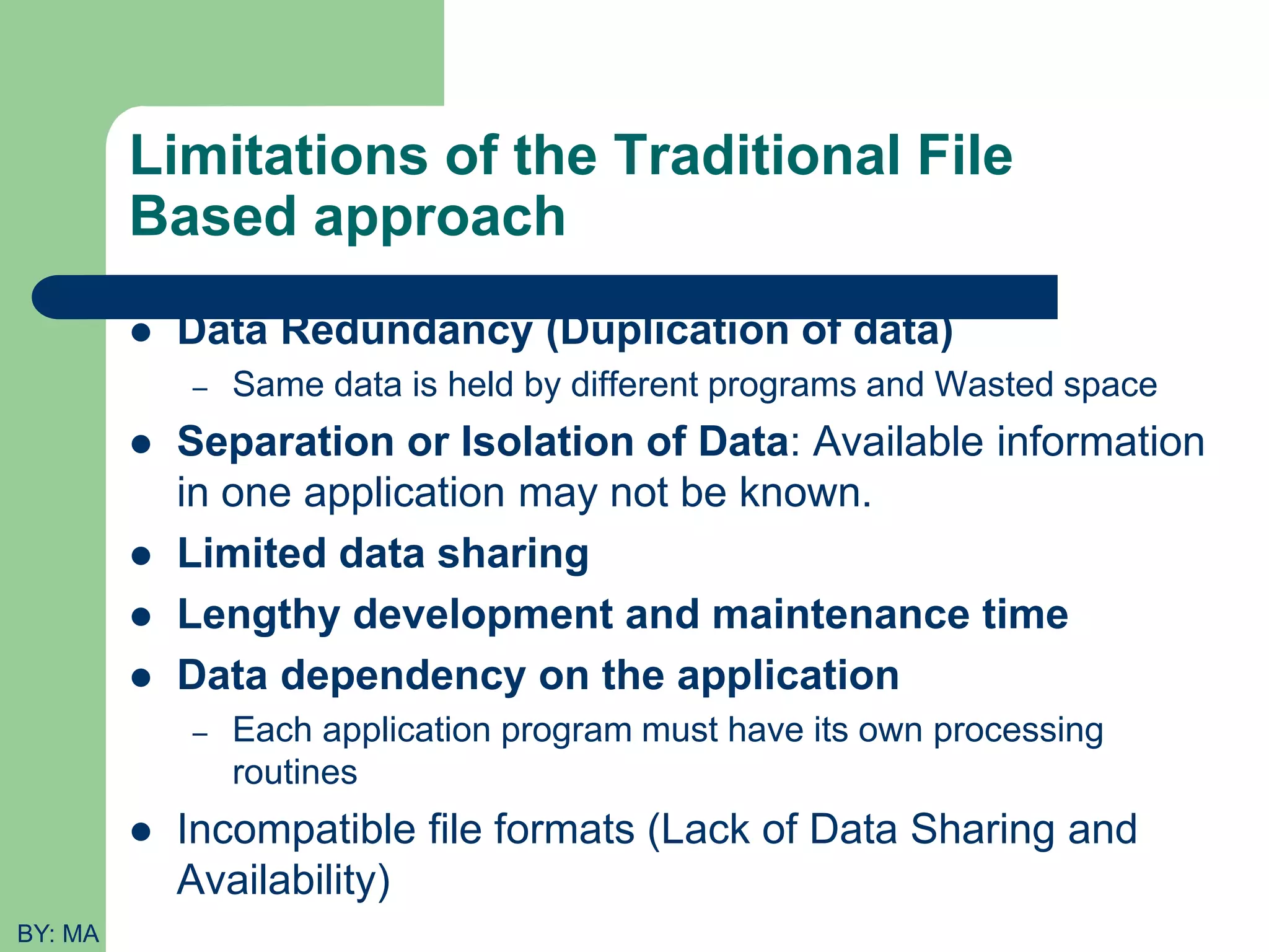 Limitations of the Traditional File Based approach  Data Redundancy (Duplication of data) – Same data is held by different programs and Wasted space  Separation or Isolation of Data: Available information in one application may not be known.  Limited data sharing  Lengthy development and maintenance time  Data dependency on the application – Each application program must have its own processing routines  Incompatible file formats (Lack of Data Sharing and Availability) BY: MA 
