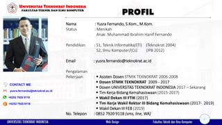 PROFIL
Nama : Yusra Fernando, S.Kom., M.Kom.
Status : Menikah
Anak: Muhammad Ibrahim Hanif Fernando
Pendidikan : S1, Teknik Informatika/(Ti) (Teknokrat 2004)
S2, Ilmu Komputer/(Cs) (IPB 2012)
Email : yusra.fernando@teknokrat.ac.id
Pengalaman
Pekerjaan :  Asisten Dosen STMIK TEKNOKRAT 2006-2008
 Dosen STMIK TEKNOKRAT 2009 - 2017
 Dosen UNIVERSITAS TEKNOKRAT INDONESIA 2017 – Sekarang
 Tim Kerja Bidang Kemahasiswaan (2015-2017)
 Wakil Dekan III FTIK (2017)
 Tim Kerja Wakil Rektor III Bidang Kemahasiswaan (2017- 2019)
 Wakil Dekan III FEB (2019)
No. Telepon : 0852 7920 9118 (sms, line, WA)
yusra.fernando@teknokrat.ac.id
+6252 7920 9118
+6252 7920 9118
Yusra Fernando, M.Kom
CONTACT ME
2
 