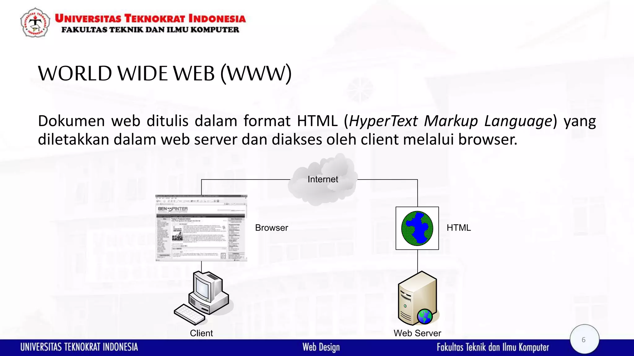 WORLDWIDEWEB(WWW) Dokumen web ditulis dalam format HTML (HyperText Markup Language) yang diletakkan dalam web server dan diakses oleh client melalui browser. Internet Browser HTML ` Client Web Server 6 