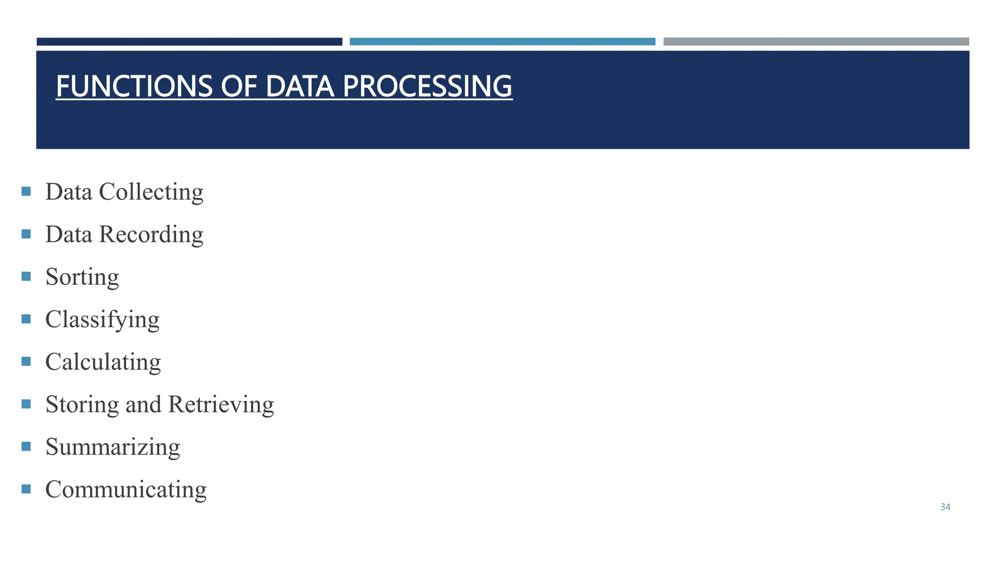 FUNCTIONS OF DATA PROCESSING
 Data Collecting
 Data Recording
 Sorting
 Classifying
 Calculating
 Storing and Retrieving
 Summarizing
 Communicating
34
 