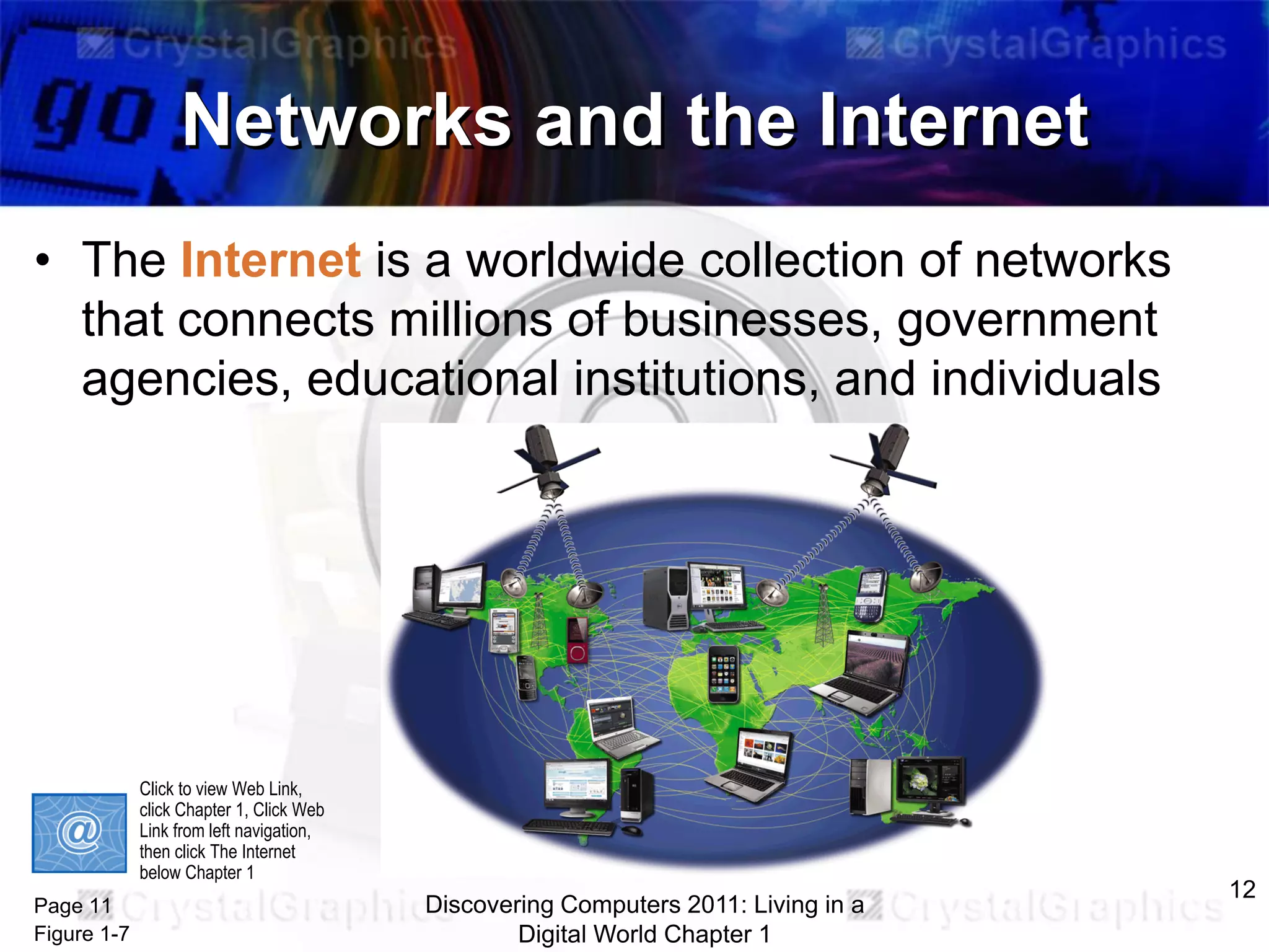 Networks and the Internet
• The Internet is a worldwide collection of networks
that connects millions of businesses, government
agencies, educational institutions, and individuals

Click to view Web Link,
click Chapter 1, Click Web
Link from left navigation,
then click The Internet
below Chapter 1

Page 11
Figure 1-7

Discovering Computers 2011: Living in a
Digital World Chapter 1

12

 