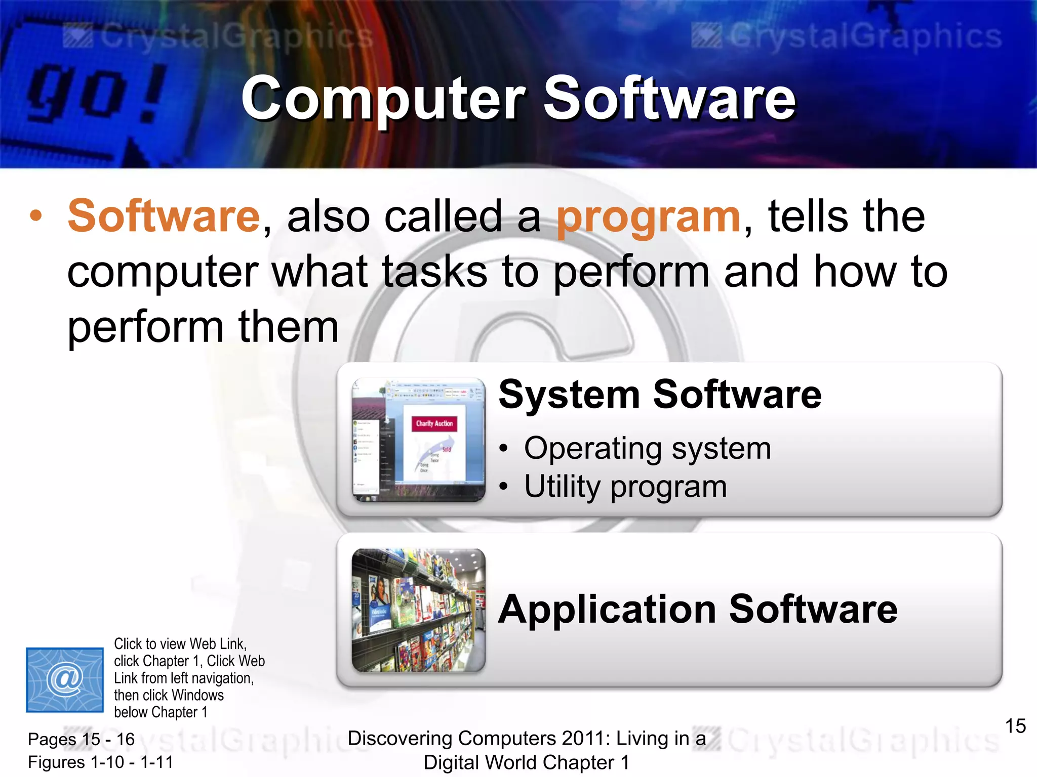 Computer Software
• Software, also called a program, tells the
computer what tasks to perform and how to
perform them
System Software
• Operating system
• Utility program

Application Software
Click to view Web Link,
click Chapter 1, Click Web
Link from left navigation,
then click Windows
below Chapter 1

Pages 15 - 16
Figures 1-10 - 1-11

Discovering Computers 2011: Living in a
Digital World Chapter 1

15

 
