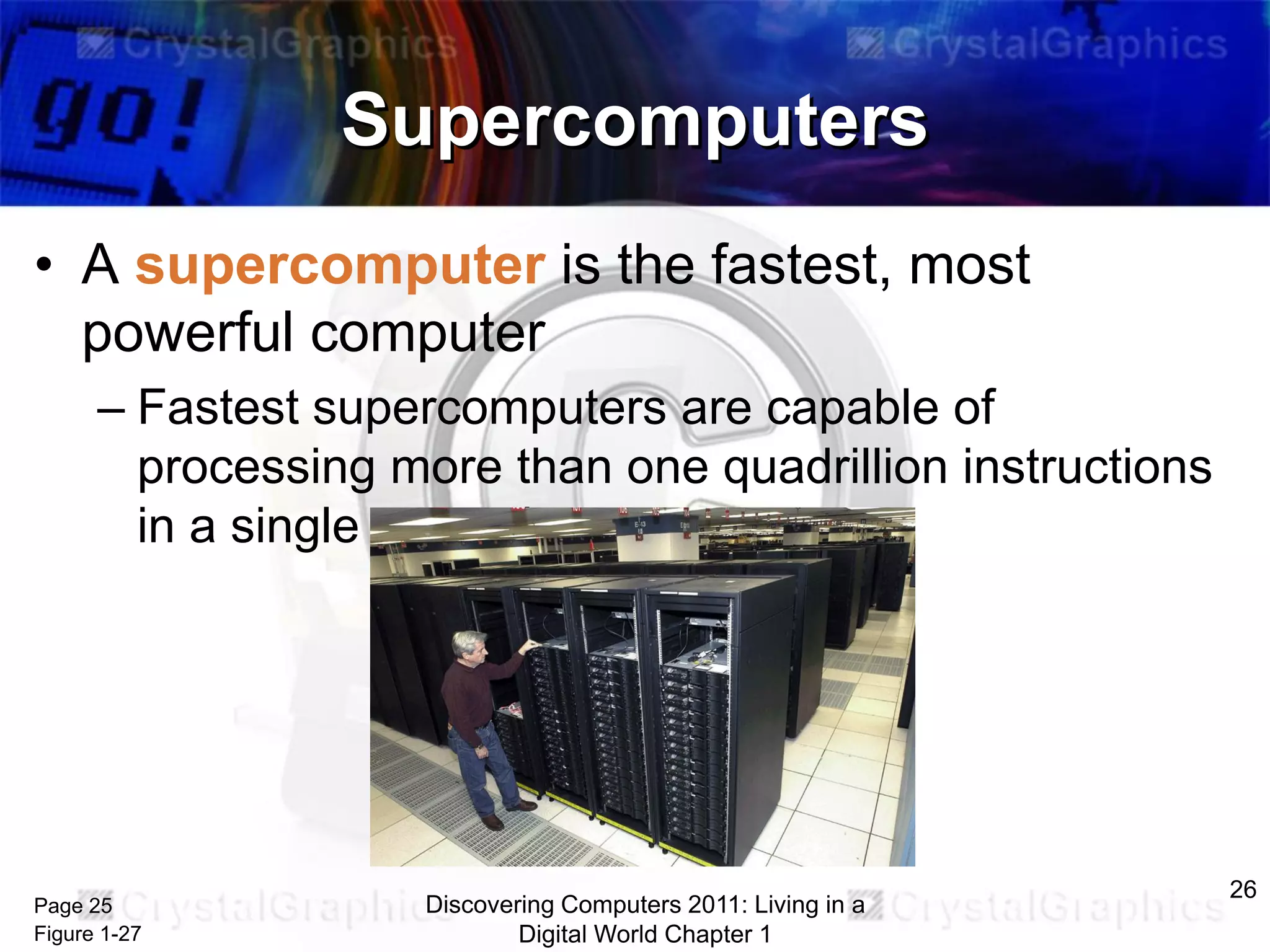 Supercomputers
• A supercomputer is the fastest, most
powerful computer
– Fastest supercomputers are capable of
processing more than one quadrillion instructions
in a single second

Page 25
Figure 1-27

Discovering Computers 2011: Living in a
Digital World Chapter 1

26

 