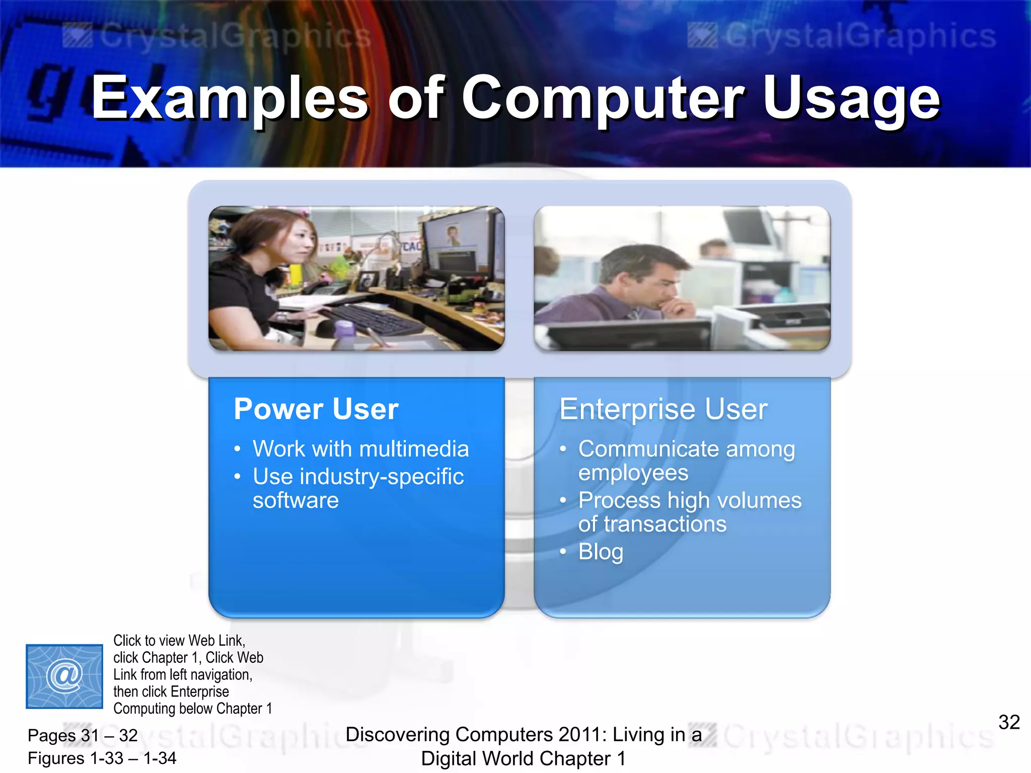 Examples of Computer Usage

Power User

Enterprise User

• Work with multimedia
• Use industry-specific
software

• Communicate among
employees
• Process high volumes
of transactions
• Blog

Click to view Web Link,
click Chapter 1, Click Web
Link from left navigation,
then click Enterprise
Computing below Chapter 1

Pages 31 – 32
Figures 1-33 – 1-34

Discovering Computers 2011: Living in a
Digital World Chapter 1

32

 