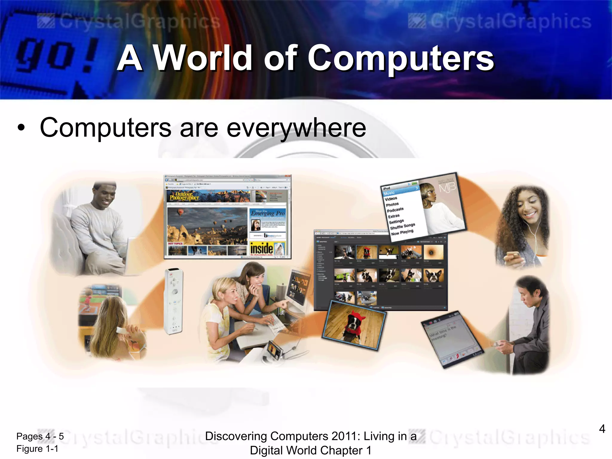 A World of Computers
• Computers are everywhere

Pages 4 - 5
Figure 1-1

Discovering Computers 2011: Living in a
Digital World Chapter 1

4

 