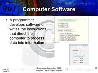 Computer Software
• A programmer
develops software or
writes the instructions
that direct the
computer to process
data into information

Page 18
Figure 1-13

Discovering Computers 2011:
Living in a Digital World Chapter 1

17

 