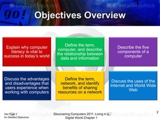 Objectives Overview

Explain why computer
literacy is vital to
success in today’s world

Define the term,
computer, and describe
the relationship between
data and information

Describe the five
components of a
computer

Discuss the advantages
and disadvantages that
users experience when
working with computers

Define the term,
network, and identify
benefits of sharing
resources on a network

Discuss the uses of the
Internet and World Wide
Web

See Page 3
for Detailed Objectives

Discovering Computers 2011: Living in a
Digital World Chapter 1

2

 