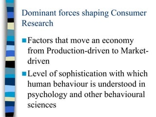 Dominant forces shaping Consumer
Research
Factors that move an economy
from Production-driven to Market-
driven
Level of sophistication with which
human behaviour is understood in
psychology and other behavioural
sciences
 